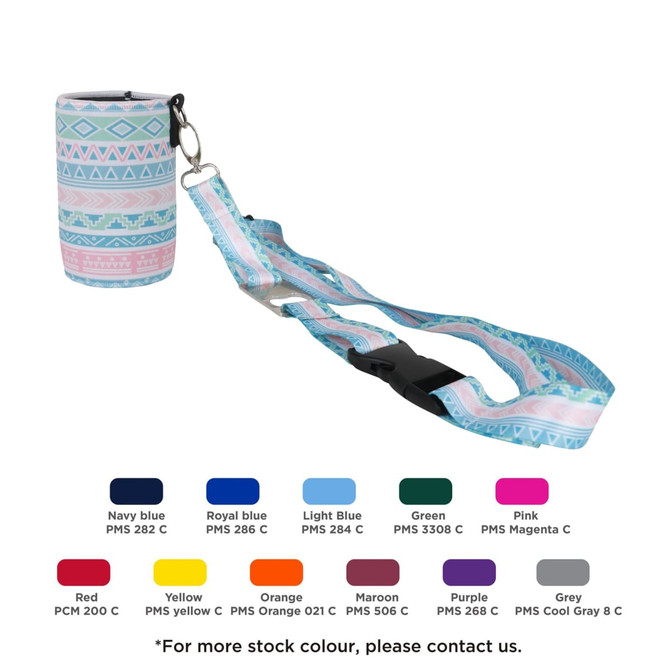A drink bottle holder in pastel colours with a patterned design and a detachable strap. It includes a keyring attachment.