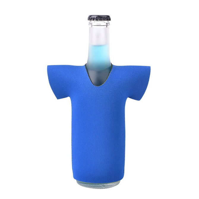 A drink bottle wrapped in a blue stubby cooler, designed like a T-shirt, with a bottle cap visible on top.