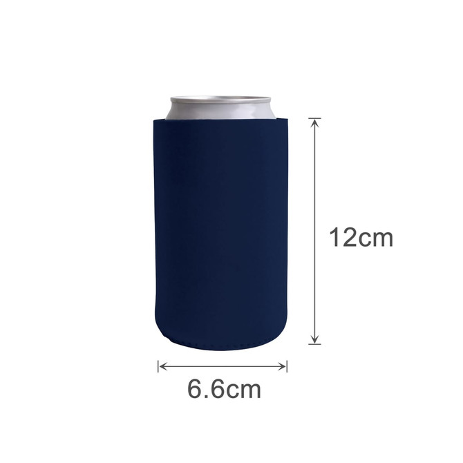 A navy stubby holder designed to fit standard drink cans, featuring a simple, smooth design and a logo.
