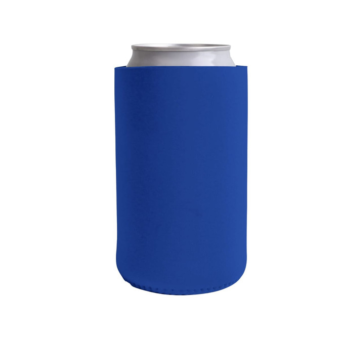 A drink can nestled in a blue skinny stubby holder. The holder features a smooth surface and a seamless design.