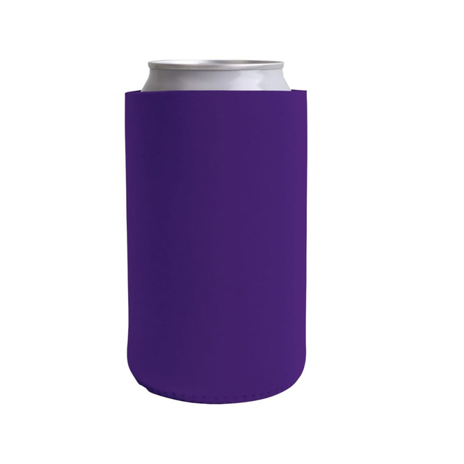 A drink bottle in a purple skinny stubby holder with a smooth surface and no visible logos.