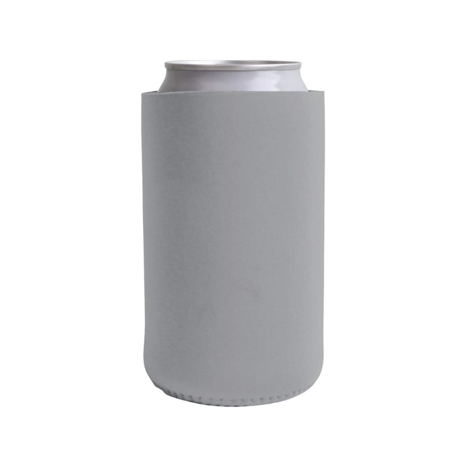 A drink bottle holder in light grey, featuring a smooth surface and a logo. Suitable for standard cans.