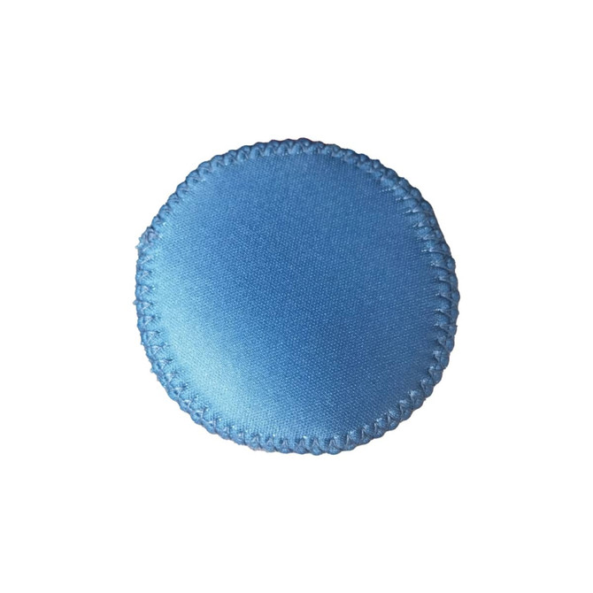 A drink bottle holder in light blue with a stitched edge, featuring a logo.