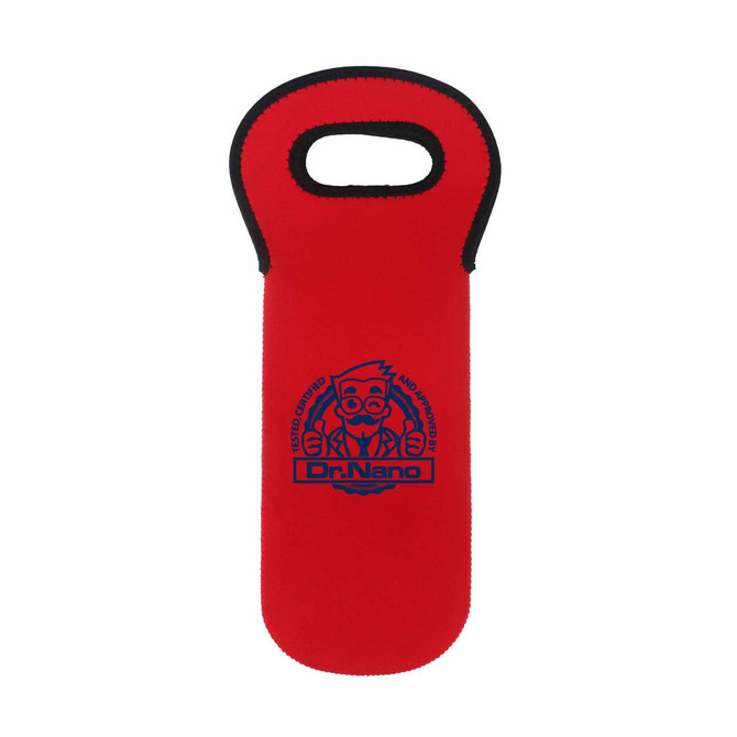 A drink bottle cooler in red with a handle and a logo on the front.