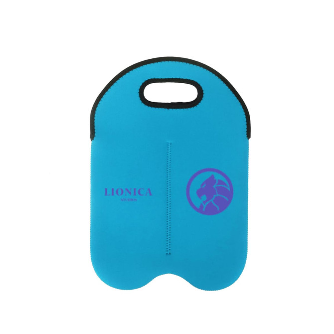A drink bottle cooler in vibrant blue featuring a handle and a logo.