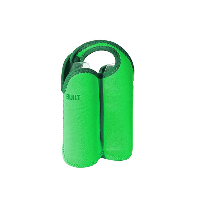 A drink bottle cooler in bright green, featuring a snap handle and accommodating two bottles. It has a logo on the side.