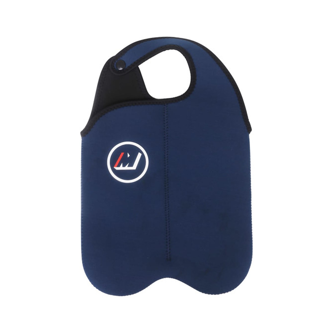 A drink bottle cooler in navy blue with a snap handle and a circular logo.