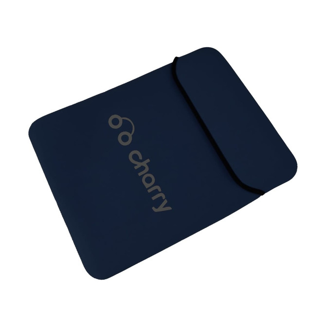 A navy blue tablet PC bag with a flap closure, featuring a logo on the front.