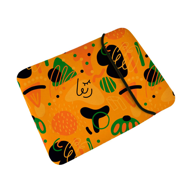 A vibrant orange laptop bag featuring abstract colourful patterns and a simple design element, with a black trim and logo.
