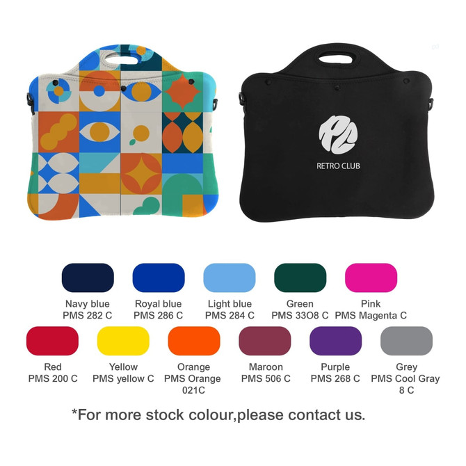 A laptop bag featuring a colorful geometric design on one side and a solid black reverse side, with a handle and a logo.