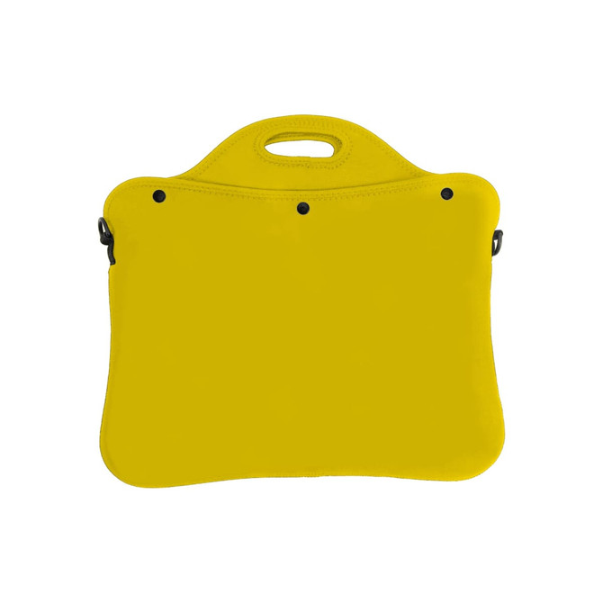 A yellow laptop bag with a handle and visible fastening. It features a simple design and has a logo.