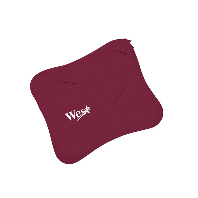 A maroon multi pouch laptop bag with multiple compartments and a logo.