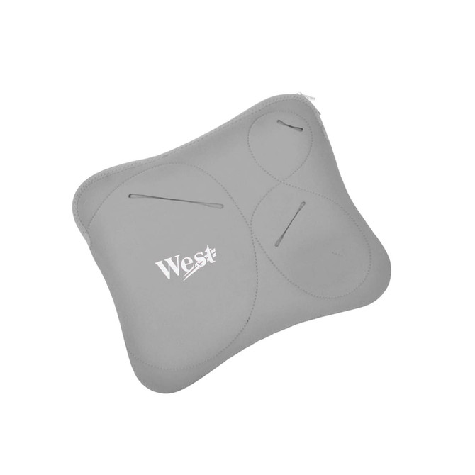 A grey laptop bag with multiple pockets and a logo, featuring a smooth, rounded design.