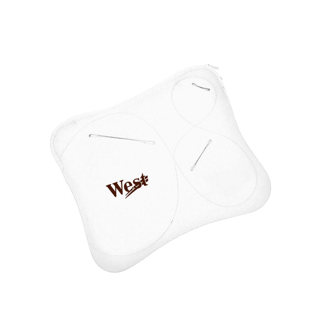 A white Multi Pouch Laptop Bag featuring multiple pockets and a logo.