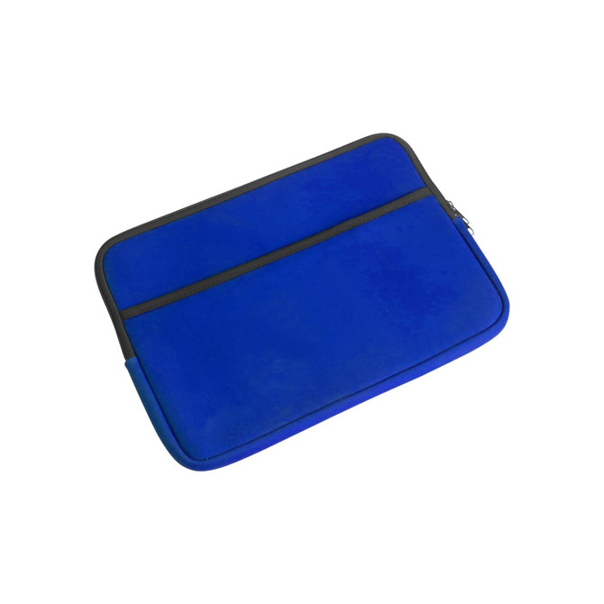 A blue laptop bag with a zip closure and black trim, featuring two zippered compartments.