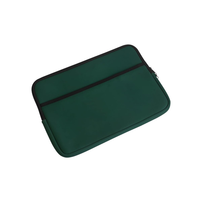 A green laptop bag with a black zipper and a simple design. It features a front pocket and has a logo.