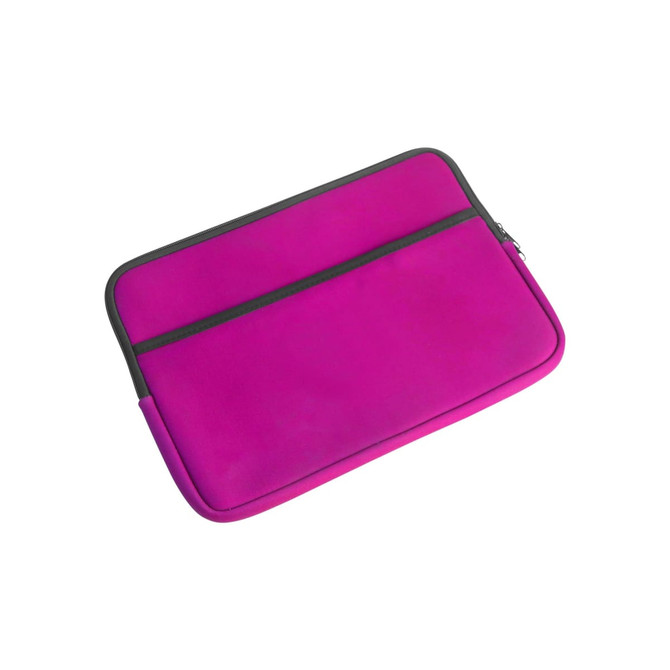 A pink laptop bag with a contrasting black zipper and trim, featuring a sleek, minimal design.