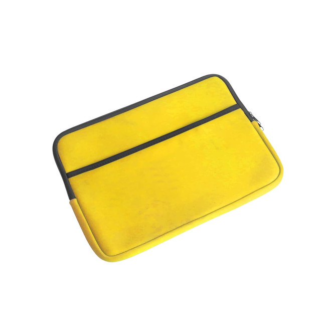 A yellow laptop bag with a black zipper and trim, featuring a simple, sleek design.