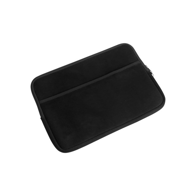 A black laptop bag with zip closure and two exterior pockets. It has a simple, sleek design.