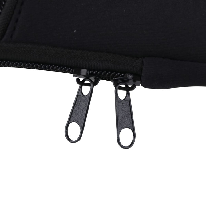 A close-up of a black laptop bag zipper with two zip pulls. The bag features a sleek, minimalist design.