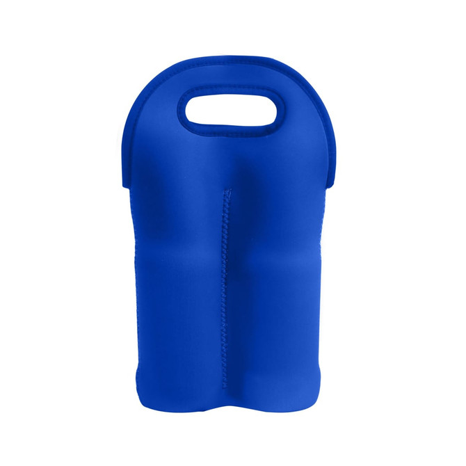 A blue neoprene double beer bottle carrier with handles for easy transport. It features a sleek, smooth design.