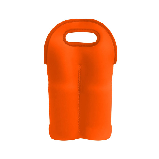 A drink bottle carrier in bright orange neoprene, designed to hold two bottles, featuring a handle and a logo.