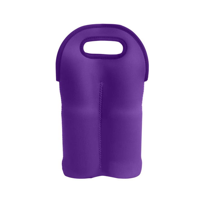 A drink bottle carrier in vibrant purple colour, designed for holding two bottles, featuring a convenient handle and branding.