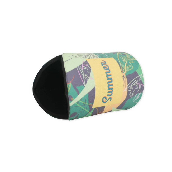 A drink bottle holder in green and yellow with a tropical pattern and a logo. It has a rounded edge design.