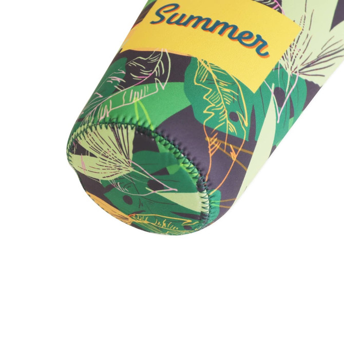 A green and patterned stubby holder with a lanyard and a logo, featuring a bright yellow section.