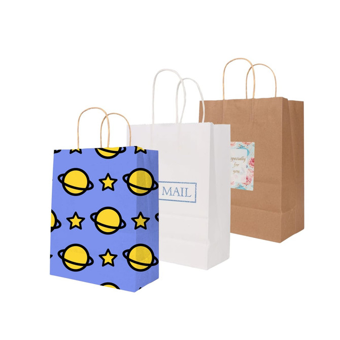Three kraft paper bags with twisted handles: one blue with planet and star patterns, one white with a logo, and one plain brown.