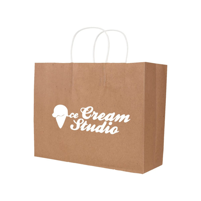 A kraft paper bag with twisted handles, featuring a white logo. The bag is brown and has a rectangular shape.