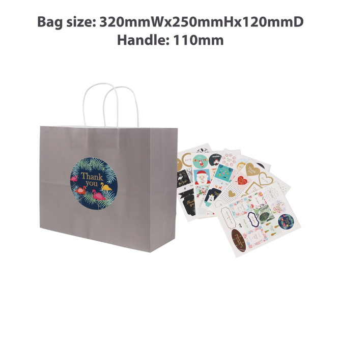A grey kraft paper bag with twisted handles and a circular logo, accompanied by assorted decorative stickers.