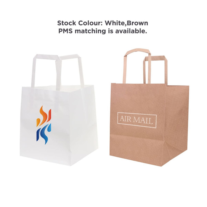 Two flat handle kraft paper bags in white and brown, featuring a logo and airmail design.
