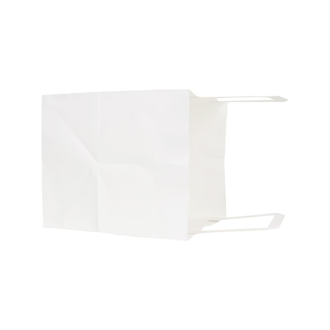A flat handle kraft paper bag in white, featuring sturdy handles and a rectangular shape.
