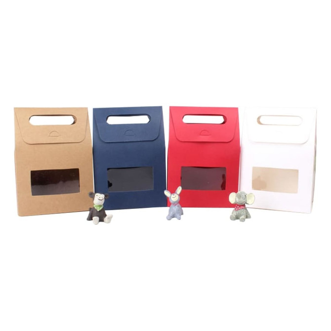 A collection of die cut handle bags in brown, navy, red, and white, featuring a transparent window and small animal figurines.