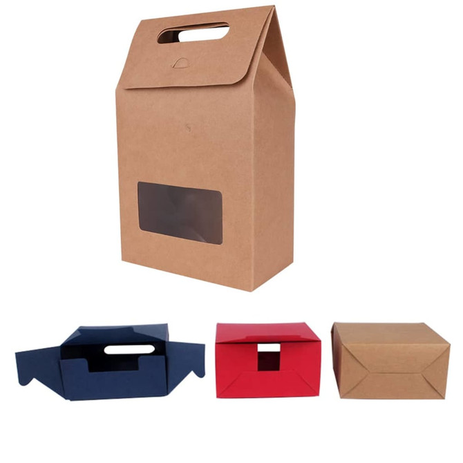 A brown die cut handle bag with a window, accompanied by red and blue boxes, all made of cardboard.