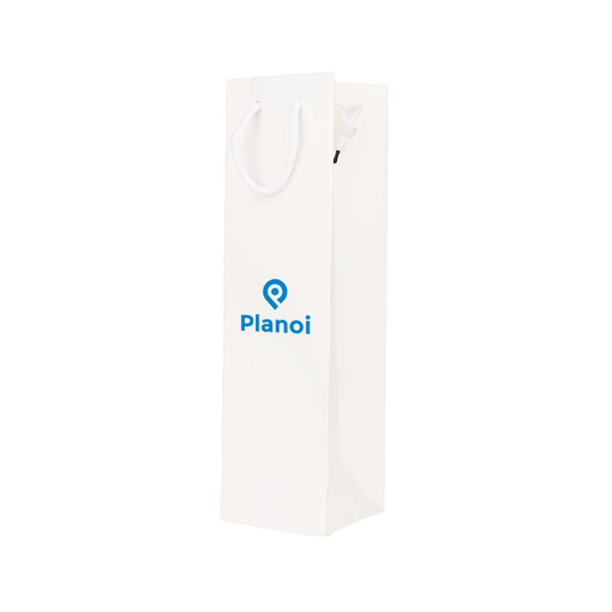 A wine bottle paper bag in white with a logo, featuring a rectangular shape and handles.