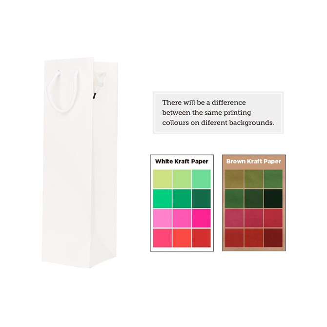 A wine bottle paper bag in white, featuring a logo and handles, with colour options displayed alongside.