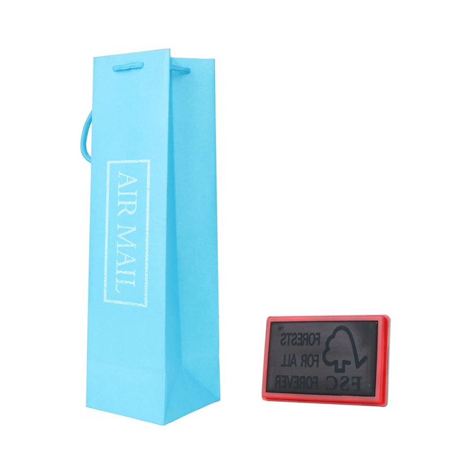 A drink bottle paper bag in light blue with a handle, accompanied by a black rectangular item featuring a logo.