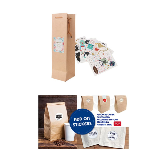 A drink bottle paper bag in brown with a circular logo and decorative stickers nearby, showcasing various designs.