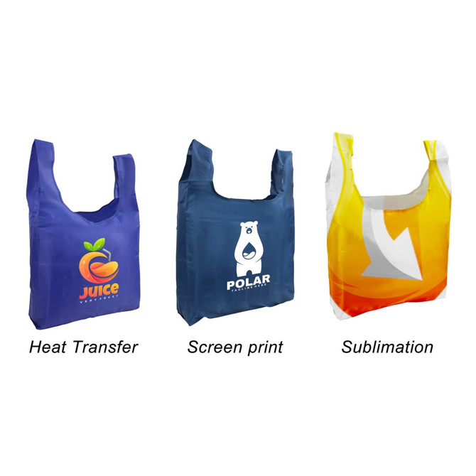 Three reusable foldaway shopping bags in blue, orange, and yellow, featuring various prints and a branding logo on each.