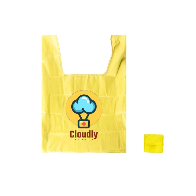 A yellow reusable foldaway shopping bag with a logo and a compact folded version beside it.