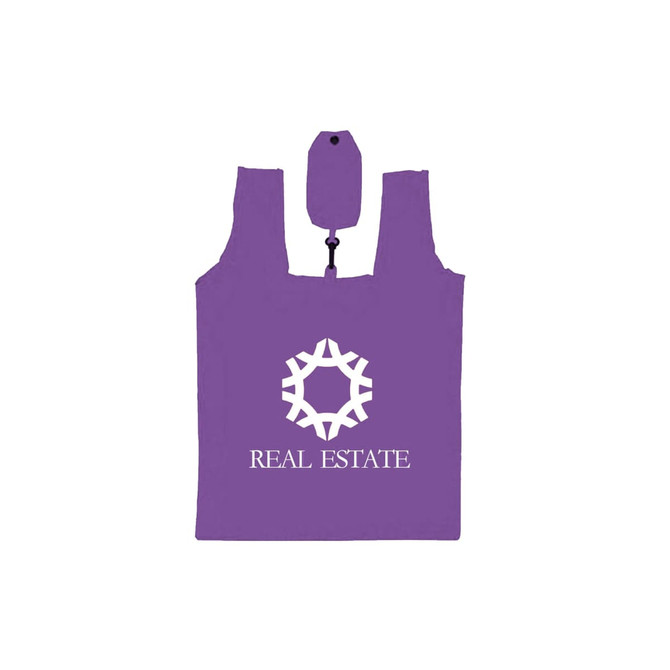 A purple foldable shopping tote bag with a logo. The bag features two handles and a snap closure.