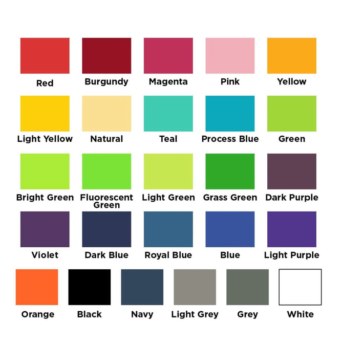 A grid of assorted colour swatches including red, burgundy, magenta, pink, yellow, and more in various shades.