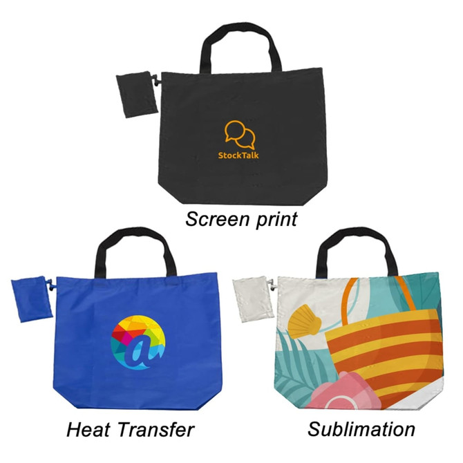A foldaway shopping bag in black, blue, and white with vibrant patterns, each featuring a clip for easy storage.