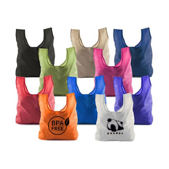 A collection of foldaway shopping tote bags in various colours, including black, beige, green, pink, blue, and orange, with logos.