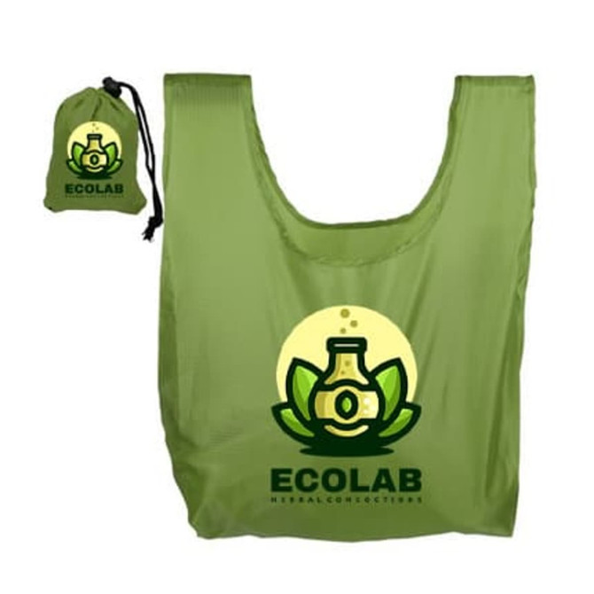 A green foldaway shopping tote bag with a logo, accompanied by a small pouch for storage.