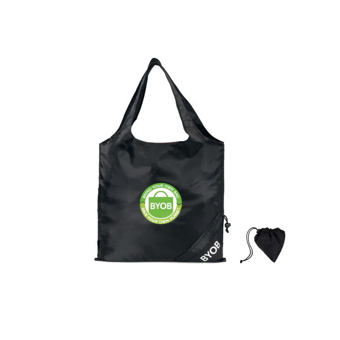 A black foldaway shopping bag with a circular logo and a matching pouch for storage.