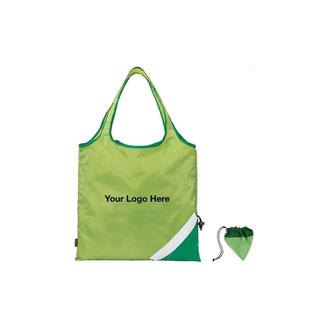 A foldaway shopping bag in green, featuring a logo space and a matching small pouch for storage.