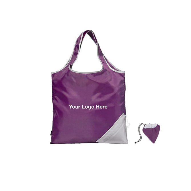 A purple foldaway shopping bag with a contrasting grey corner and a matching pouch. It features a logo area.